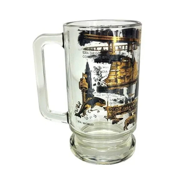 Vintage SAN DIEGO MCM Black 22 Kt Gold Souvenir Heavy Bottom Glass Beer Mug - Picture 11 of 13